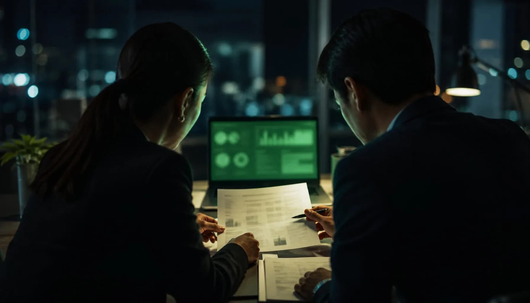 Profissionais analisando editais em um escritório à noite